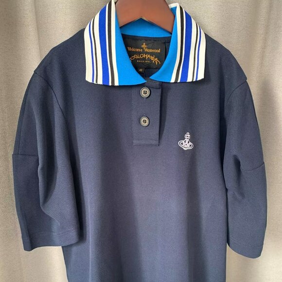 Navy Polo Shirt with Striped Collar (Size EU 40 / US L) - Picture 1 of 10